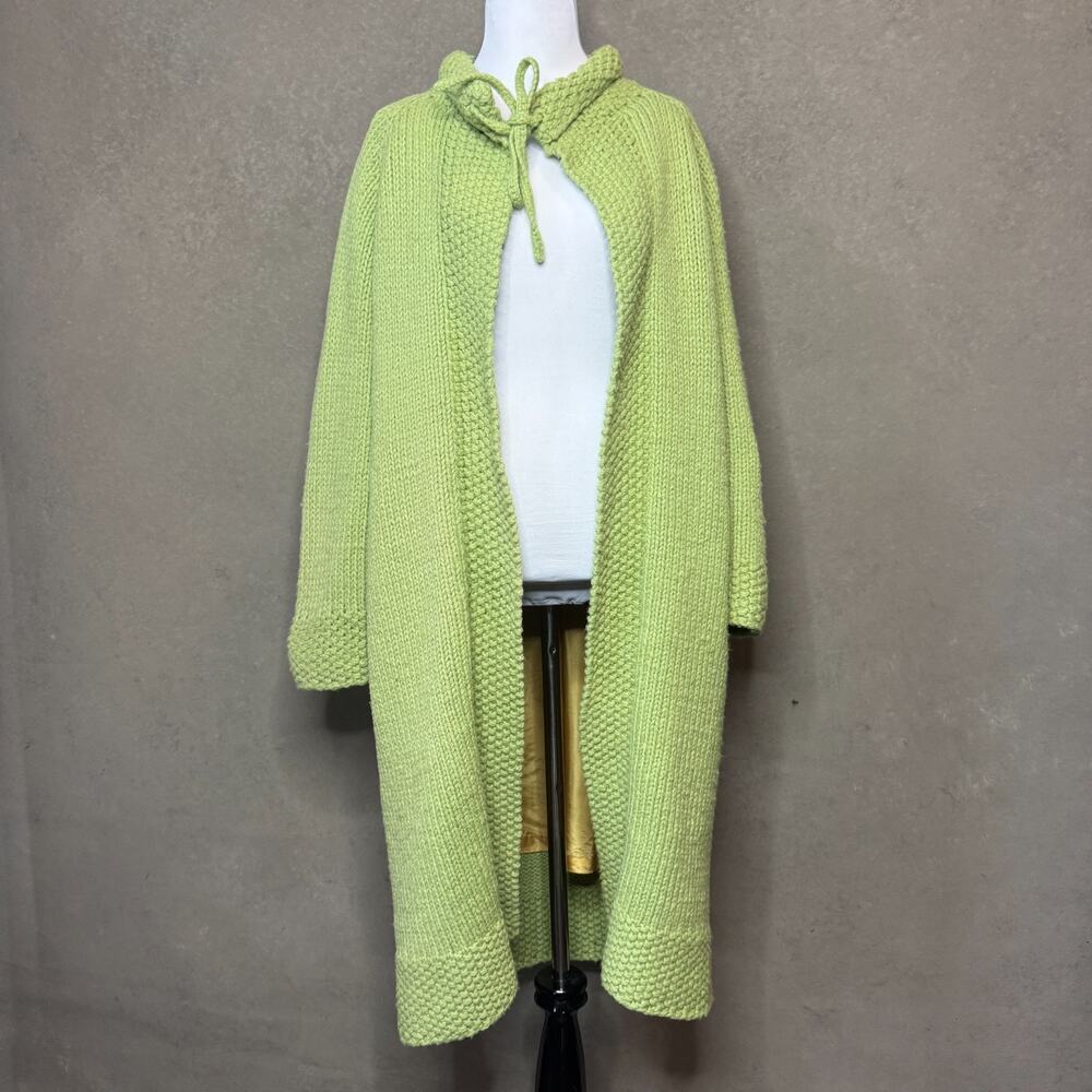 1960s Hand Knit Sweater Coat Lime Green Gold Satin Lined Long Cardigan